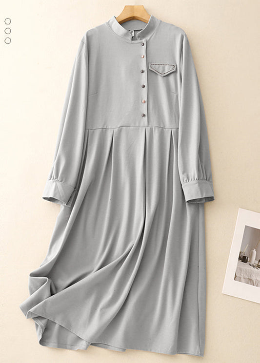 Women Light Blue Stand Collar Cotton Long Dresses Spring