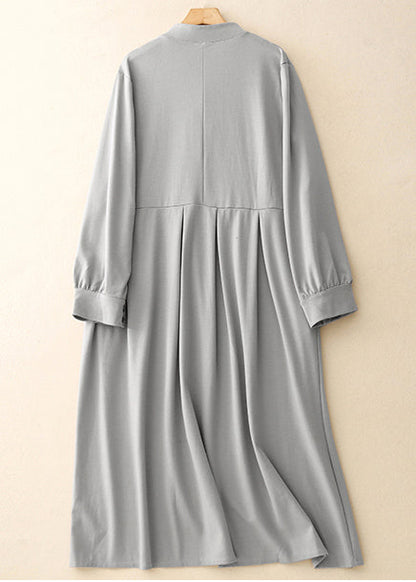 Women Light Blue Stand Collar Cotton Long Dresses Spring