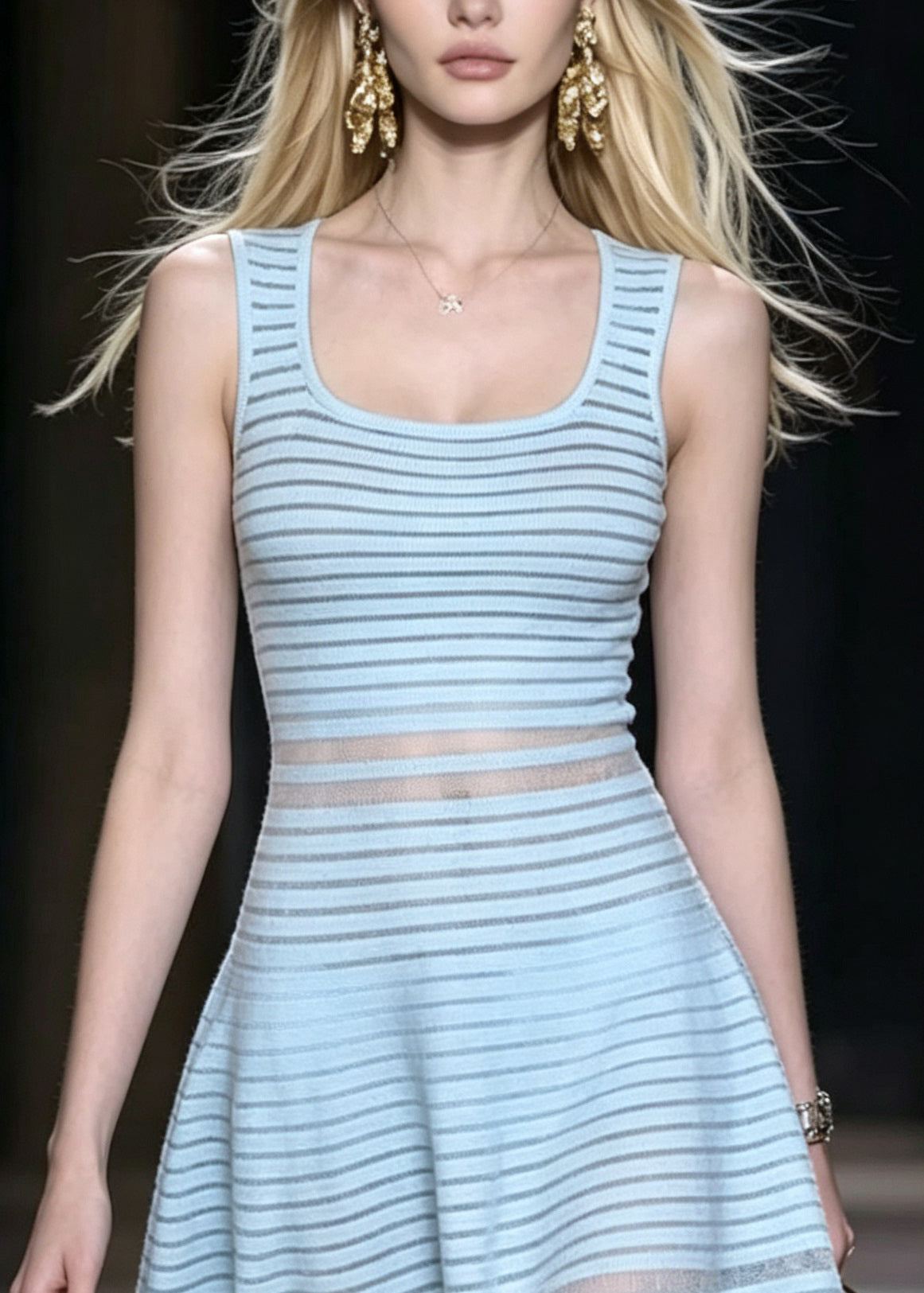 Women Light Blue U Neck Sheer Knit Mini Dress Sleeveless