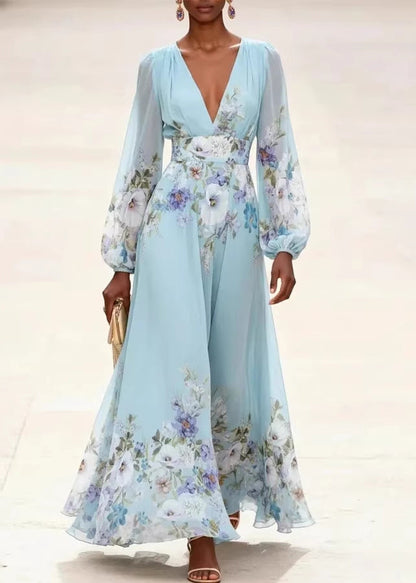Women Light Blue V Neck Print Patchwork Chiffon Dress Long Sleeve