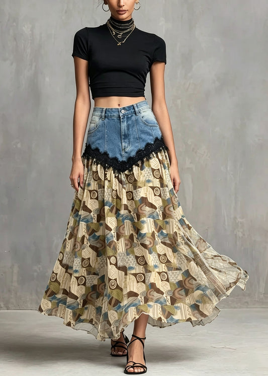 Women Light Brown Print Denim Lace Patchwork Cotton Skirts Summer