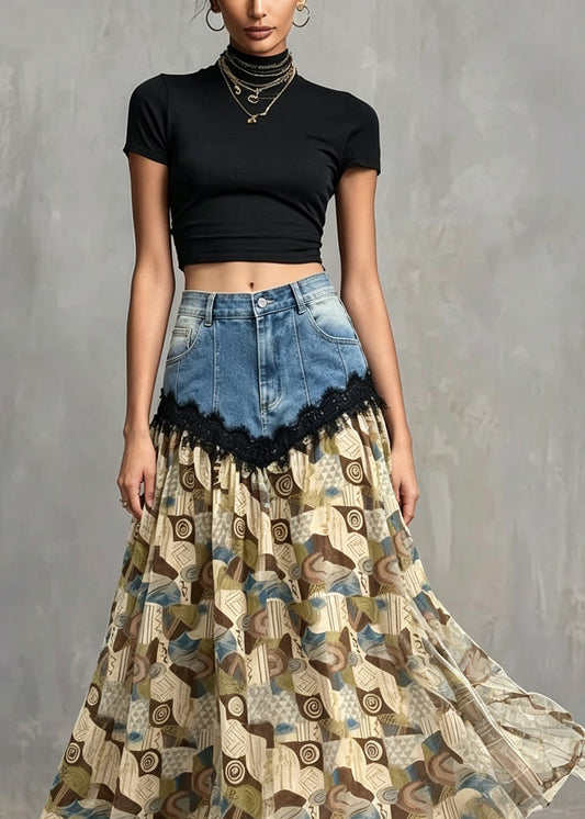 Women Light Brown Print Denim Lace Patchwork Cotton Skirts Summer