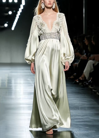 Women Light Green Deep-V Print Silk Cinched Dresses Spring