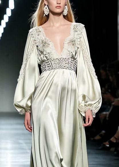 Women Light Green Deep-V Print Silk Cinched Dresses Spring