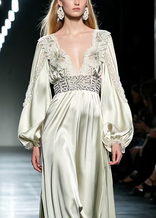 Women Light Green Deep-V Print Silk Cinched Dresses Spring