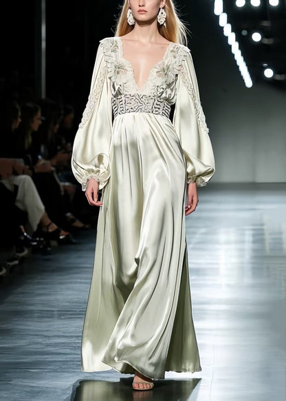 Women Light Green Deep-V Print Silk Cinched Dresses Spring