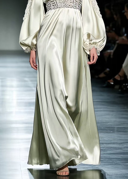 Women Light Green Deep-V Print Silk Cinched Dresses Spring