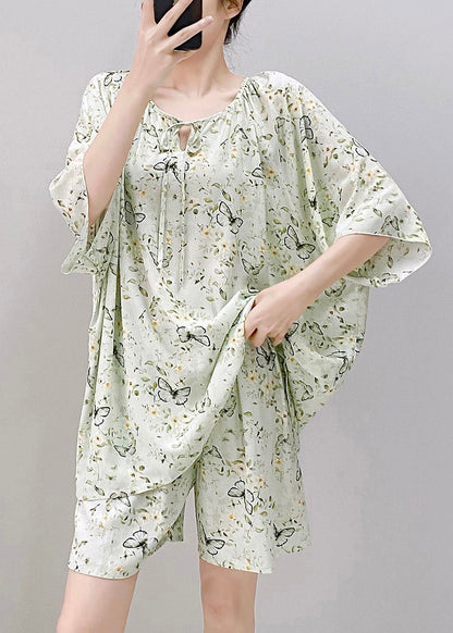 Women Light Green Print Tie Lace Pajamas Sets