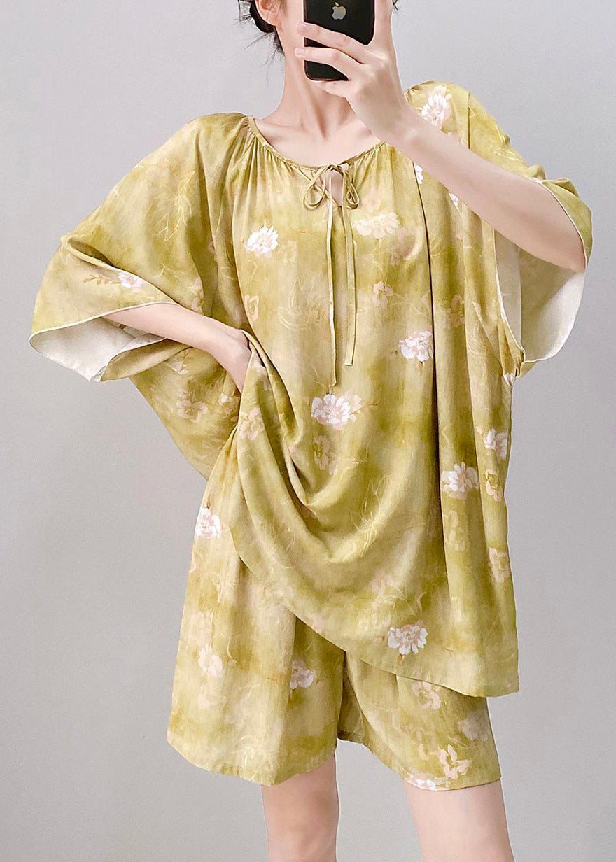 Women Light Green Print Tie Lace Pajamas Sets