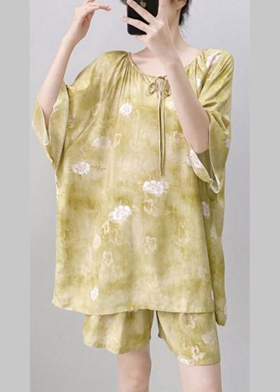 Women Light Green Print Tie Lace Pajamas Sets