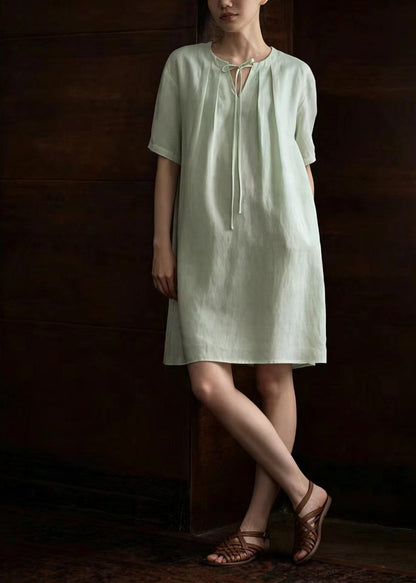 Women Light Green V Neck Lace Up Pleated Tea Dress Summer