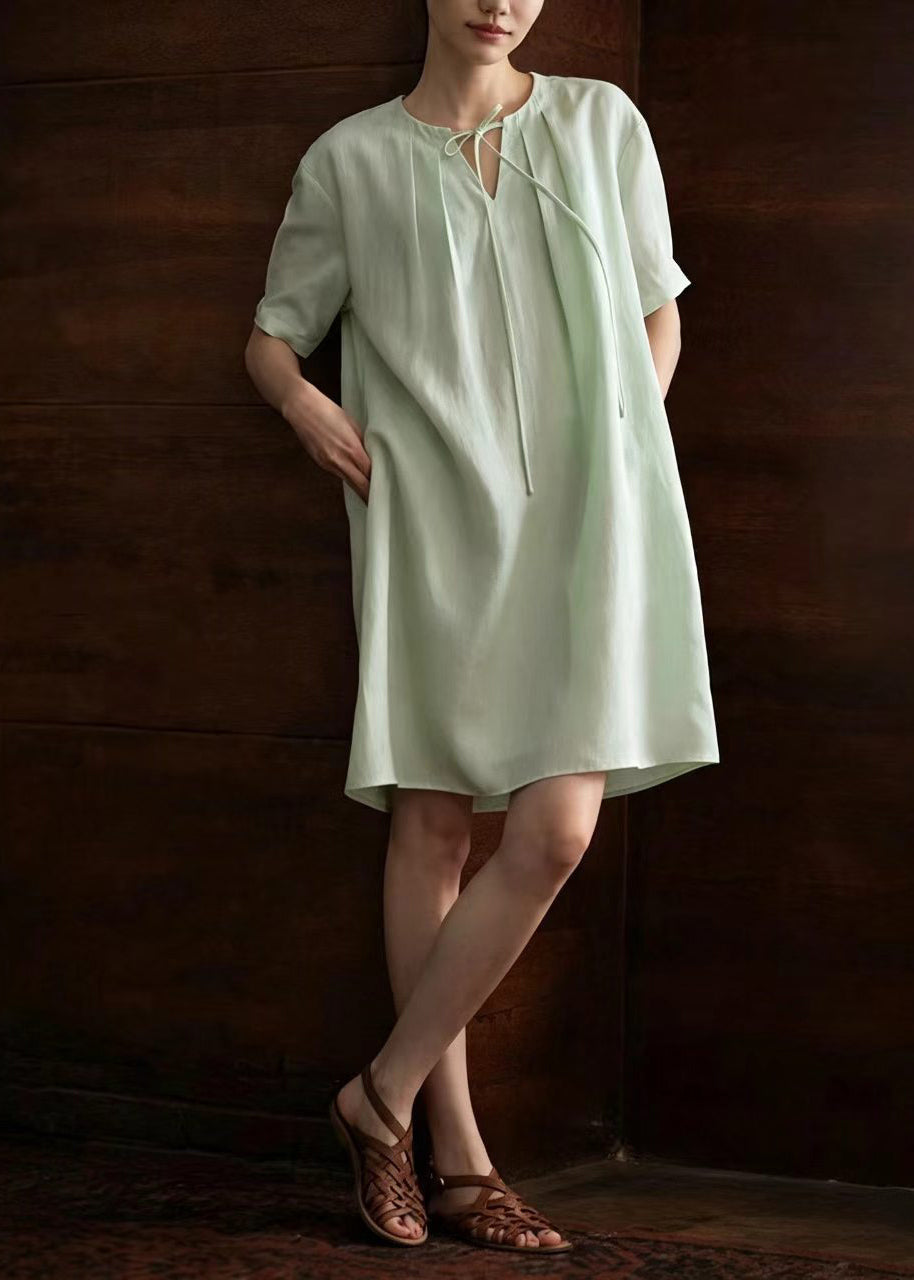 Women Light Green V Neck Lace Up Pleated Tea Dress Summer
