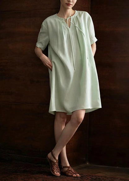 Women Light Green V Neck Lace Up Pleated Tea Dress Summer