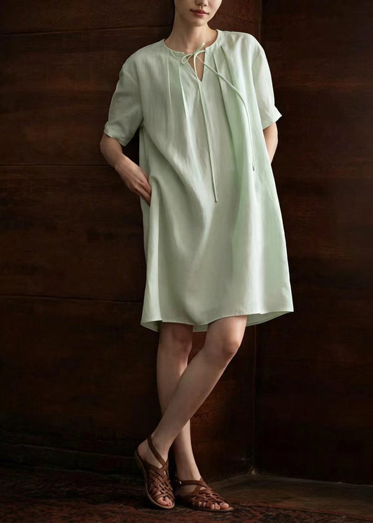 Women Light Green V Neck Lace Up Pleated Tea Dress Summer