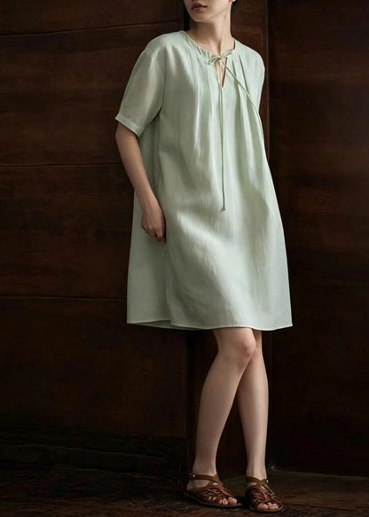 Women Light Green V Neck Lace Up Pleated Tea Dress Summer