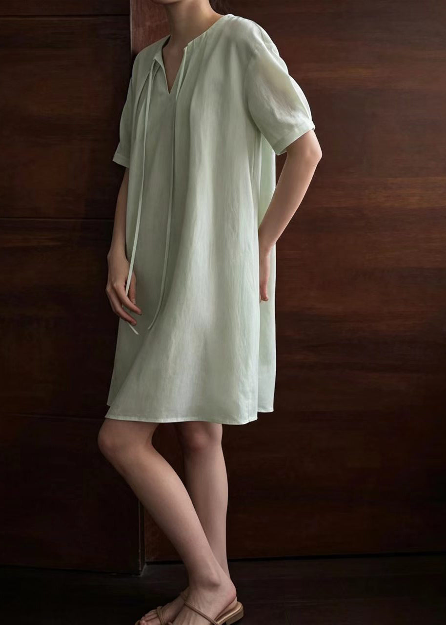 Women Light Green V Neck Lace Up Pleated Tea Dress Summer