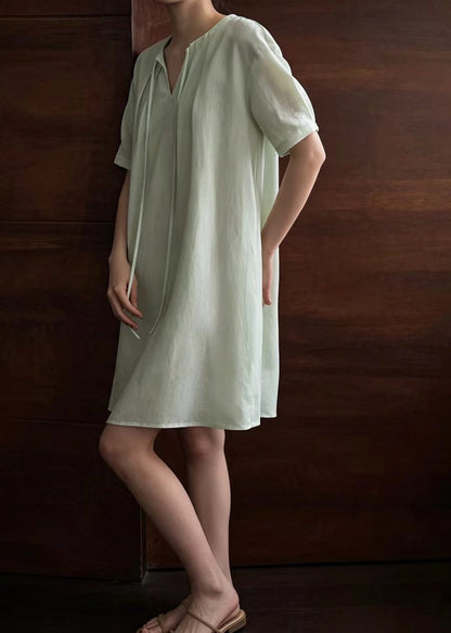 Women Light Green V Neck Lace Up Pleated Tea Dress Summer