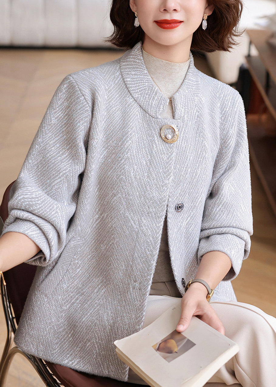 Women Light Grey O-Neck Striped Knit Cardigan Spring