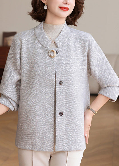Women Light Grey O-Neck Striped Knit Cardigan Spring