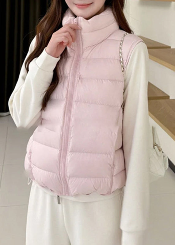 Women Light Grey Stand Collar Zippered Patchwork Thick Waistcoat Sleeveless