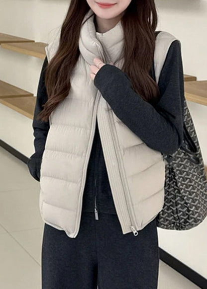 Women Light Grey Stand Collar Zippered Patchwork Thick Waistcoat Sleeveless