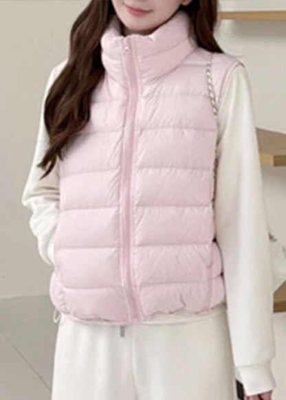 Women Light Grey Stand Collar Zippered Patchwork Thick Waistcoat Sleeveless