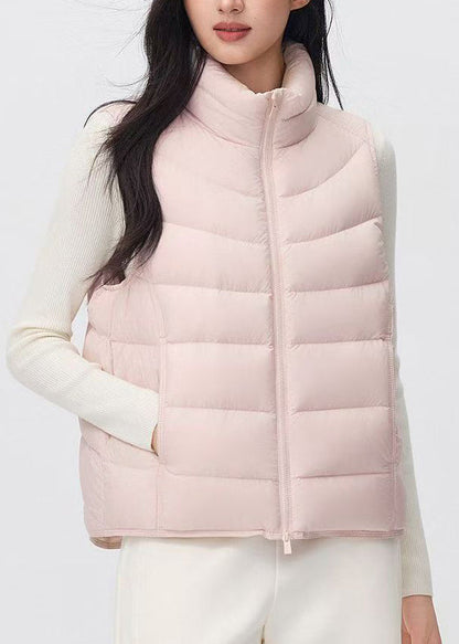 Women Light Grey Stand Collar Zippered Patchwork Thick Waistcoat Sleeveless