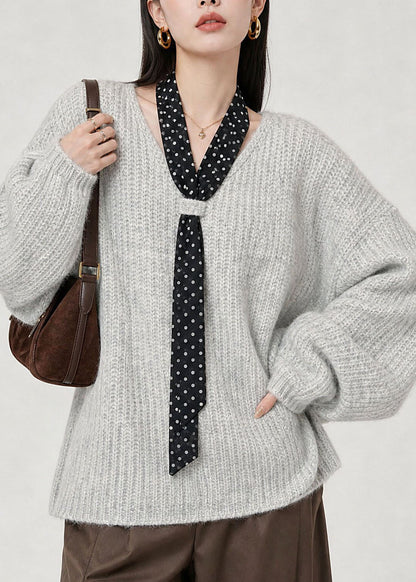Women Light Grey V Neck Lace Up Knit Sweaters Winter