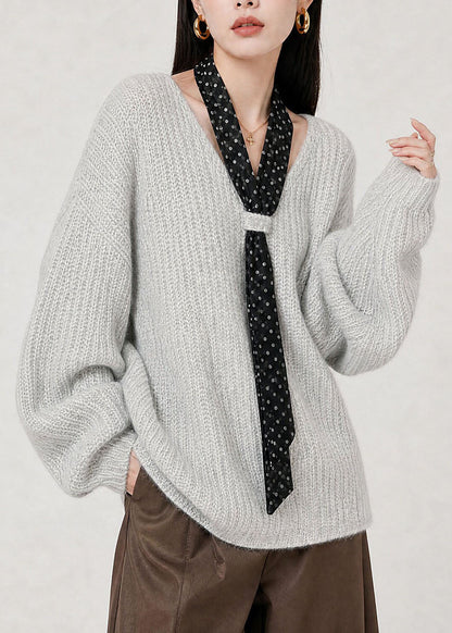 Women Light Grey V Neck Lace Up Knit Sweaters Winter