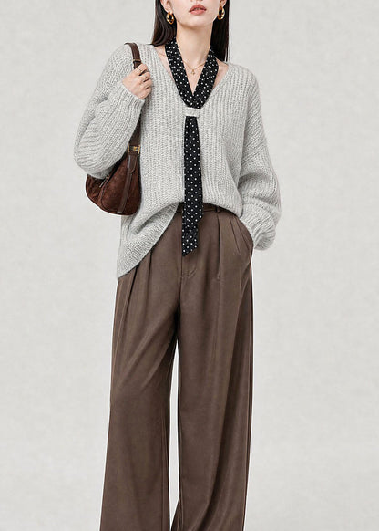 Women Light Grey V Neck Lace Up Knit Sweaters Winter