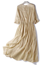 Load image into Gallery viewer, Women Light Khaki O Neck Lace Up Cotton Dress Summer