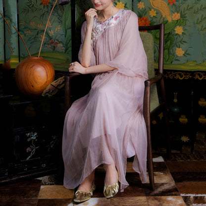 Women Light Purple Embroidered Silk Ankle Dress Summer