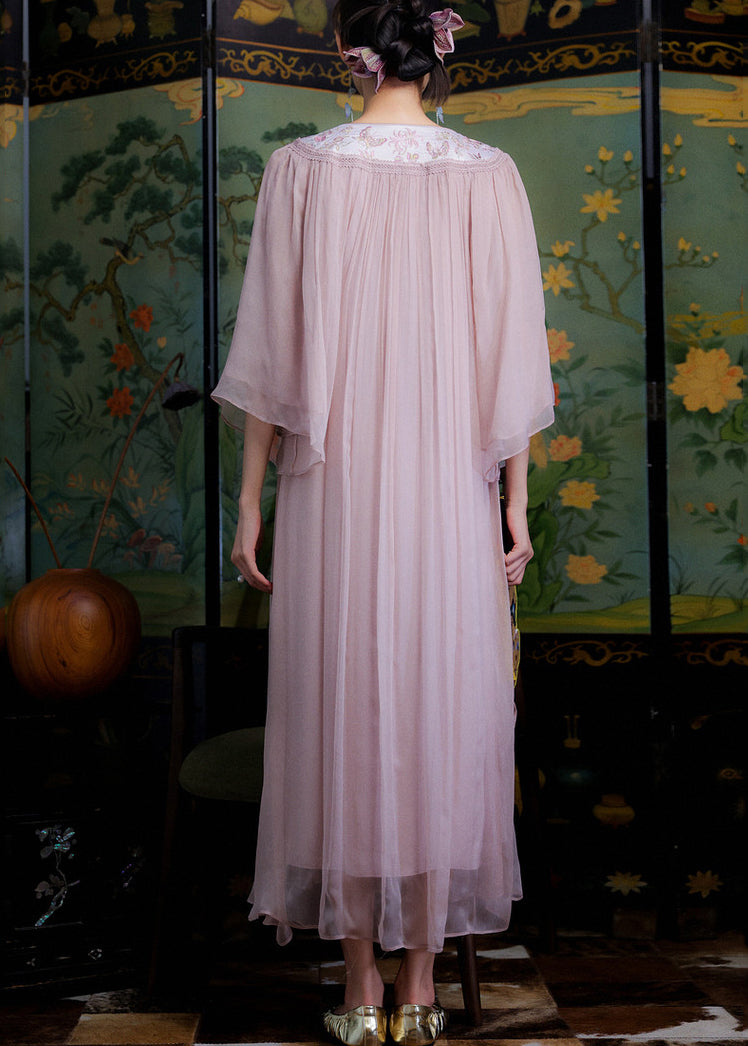 Women Light Purple Embroidered Silk Ankle Dress Summer