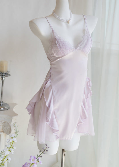 Women Light Purple Patchwork Ruffled Ice Silk Pajama