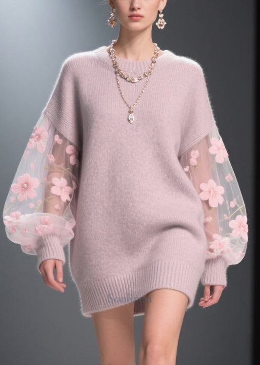 Women Light Purple Patchwork Tulle Thick Long Sweater Fall