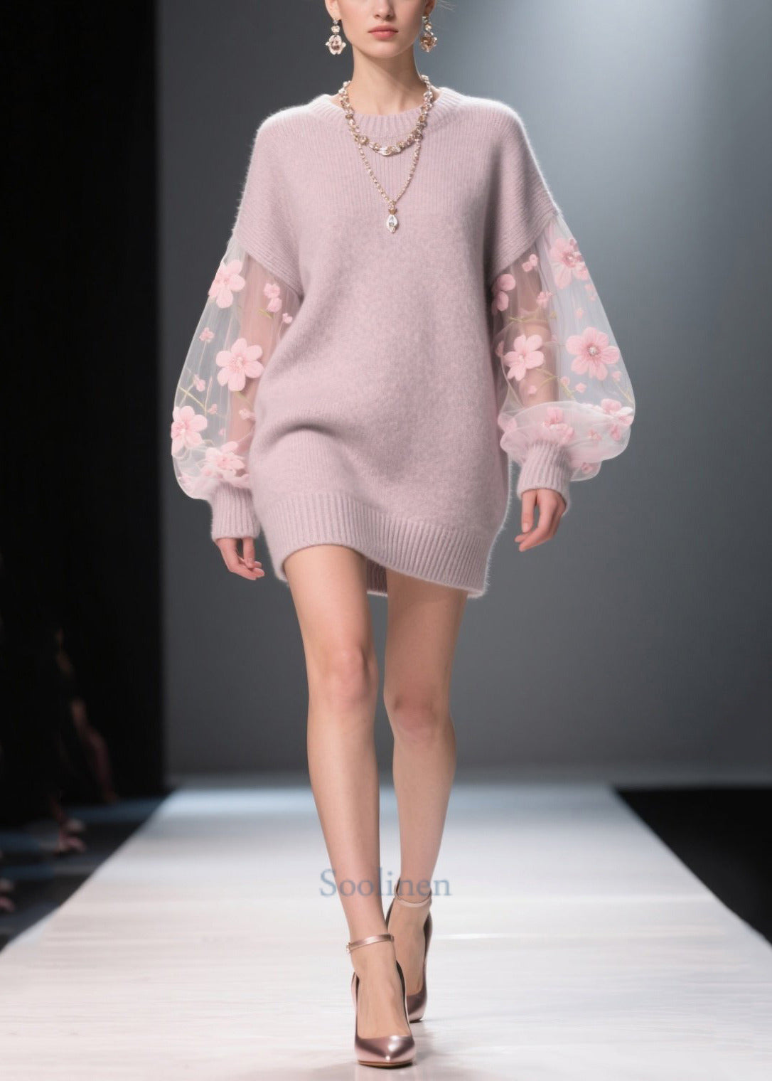 Women Light Purple Patchwork Tulle Thick Long Sweater Fall