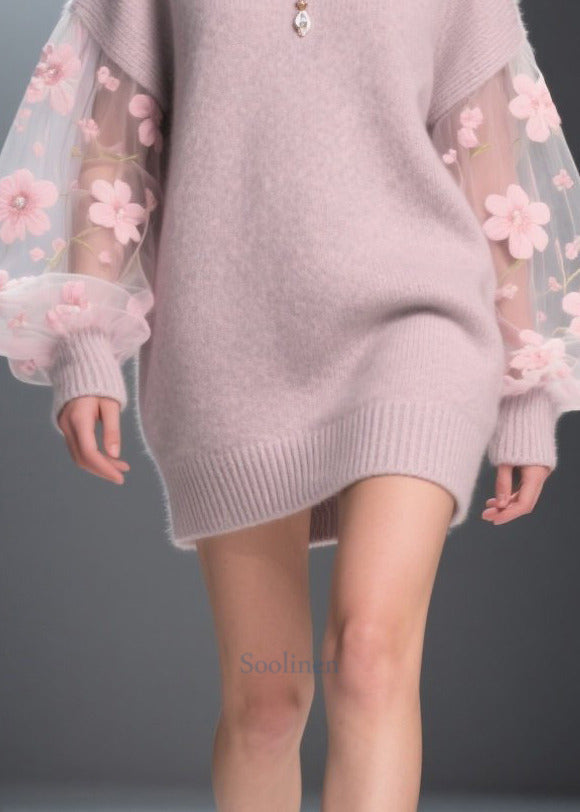 Women Light Purple Patchwork Tulle Thick Long Sweater Fall