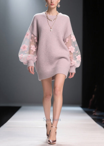 Women Light Purple Patchwork Tulle Thick Long Sweater Fall