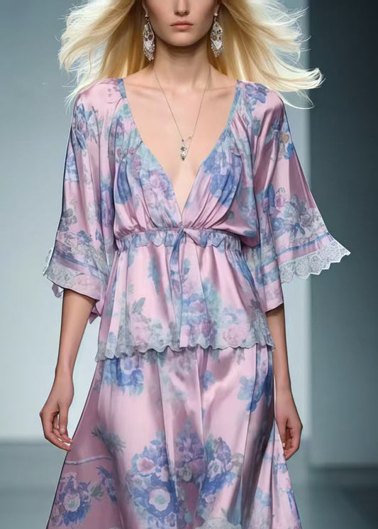 Women Light Purple V Neck Print Silk Long Dress Summer