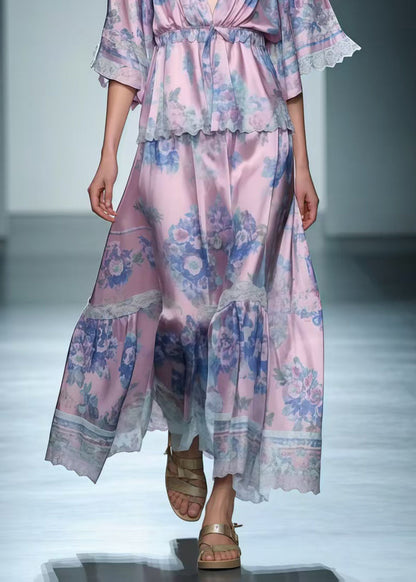 Women Light Purple V Neck Print Silk Long Dress Summer