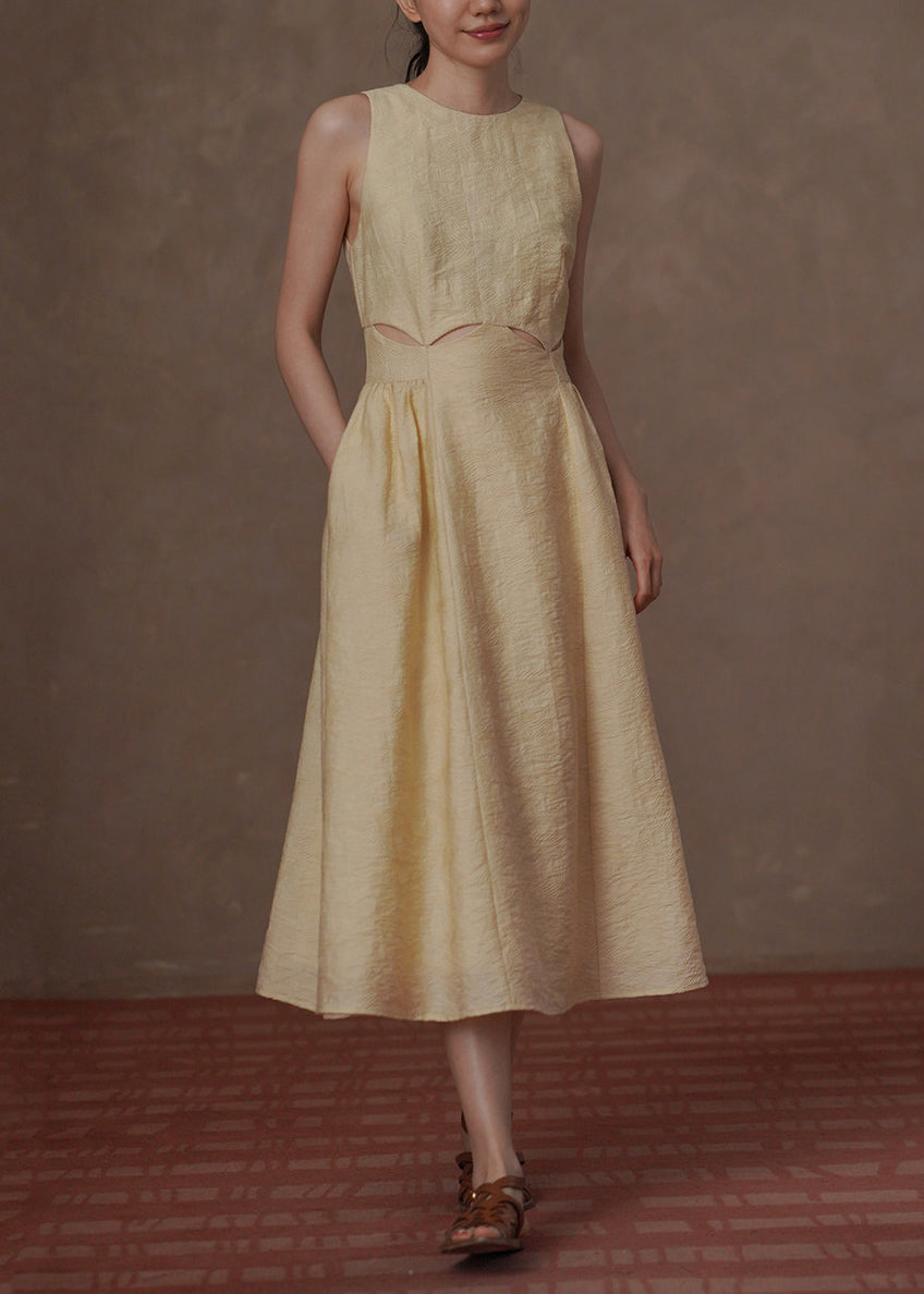 Women Light Yellow Hollow Out Jacquard Dresses Sleeveless