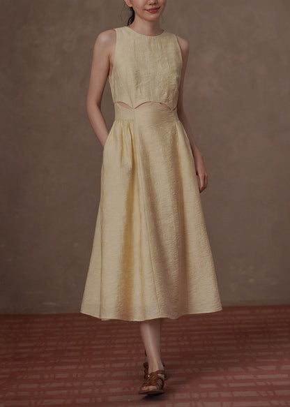 Women Light Yellow Hollow Out Jacquard Dresses Sleeveless