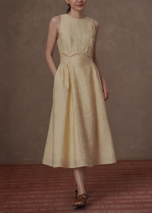 Women Light Yellow Hollow Out Jacquard Dresses Sleeveless