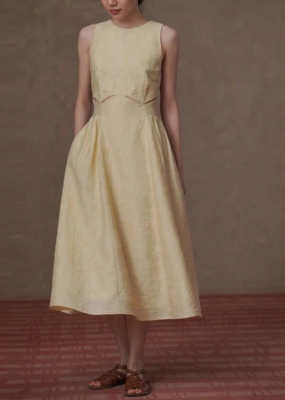 Women Light Yellow Hollow Out Jacquard Dresses Sleeveless