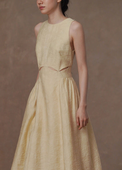 Women Light Yellow Hollow Out Jacquard Dresses Sleeveless