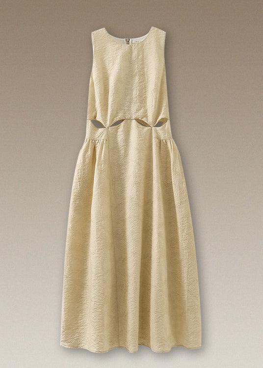 Women Light Yellow Hollow Out Jacquard Dresses Sleeveless