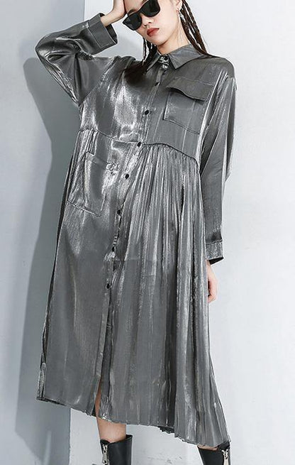 Women Long Sleeve Lapel Collar Loose Casual Oversize Midi Dresses - SooLinen