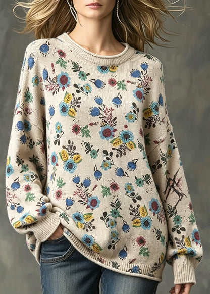 Women Loose Apricot O Neck Print Knit Sweater Tops Fall