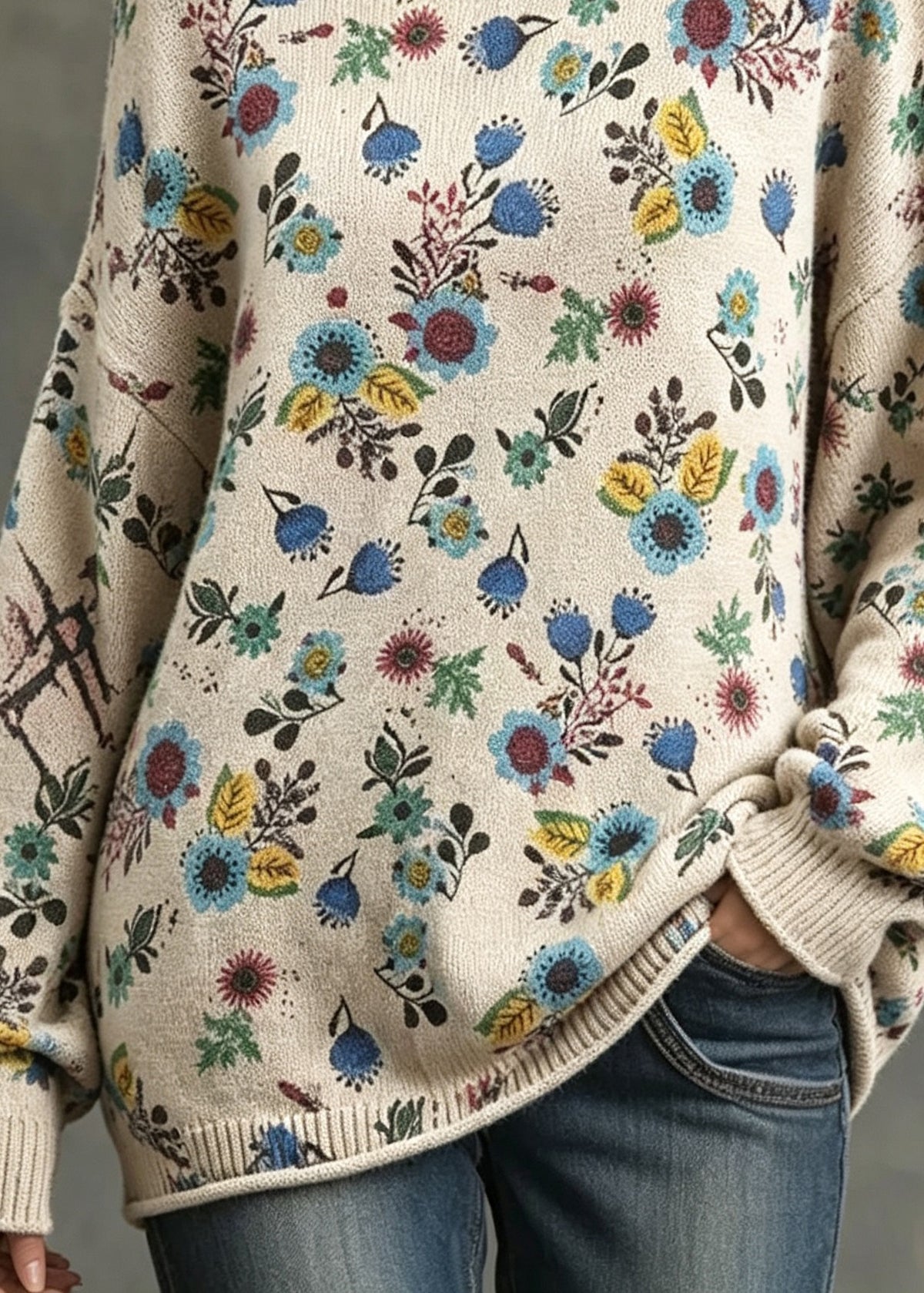 Women Loose Apricot O Neck Print Knit Sweater Tops Fall