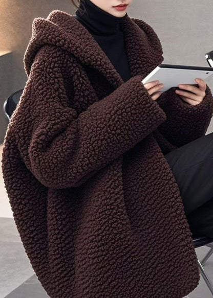 Women Loose Brown Hooded Faux Fur Coat Winter